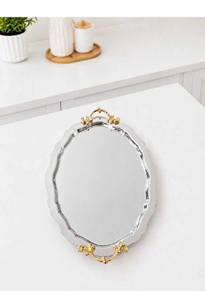 SUNVERA ÇELİK 2'li Paslanmaz Çelik Oval Sunum Tepsisi 20x26 cm Gold Lüks Kulp...