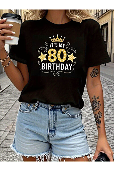 01THEONE Women's 80th T-Shirt - IT's MY 80 Letter Print Short Sleeve Crew Nec...