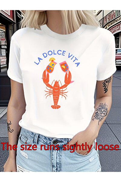 En22 تي شيرت نسائي من La Dolce Vita Lobster |   تي شيرت أبيض بأكمام قصيرة ويا...