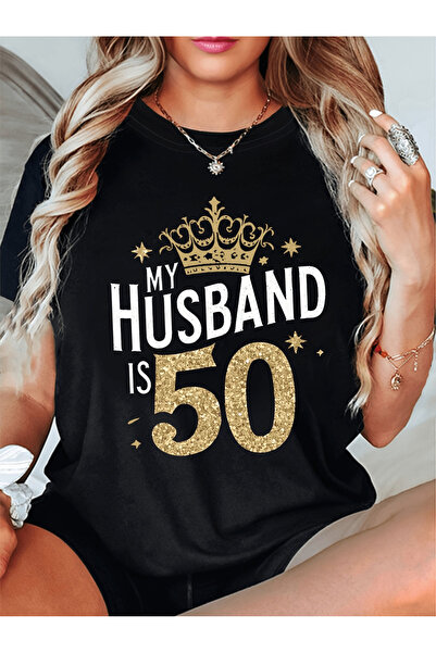 KYMC07 تي شيرت مطبوع عليه عبارة MY HUSBAND IS 50، قميص كاجوال بأكمام قصيرة وي...