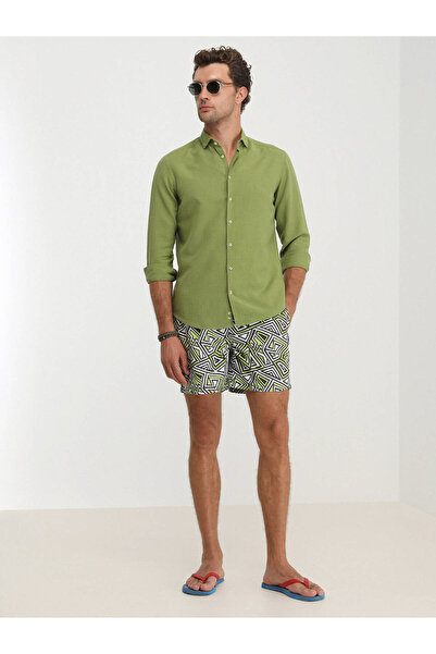 Kip Green Plain Regular Fit Long Woven Casual Cotton Blend Shirt