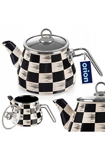 Orionis Ceainic emailat ORION cu model șah, 2 L, cu capac de sticlă, compatib...