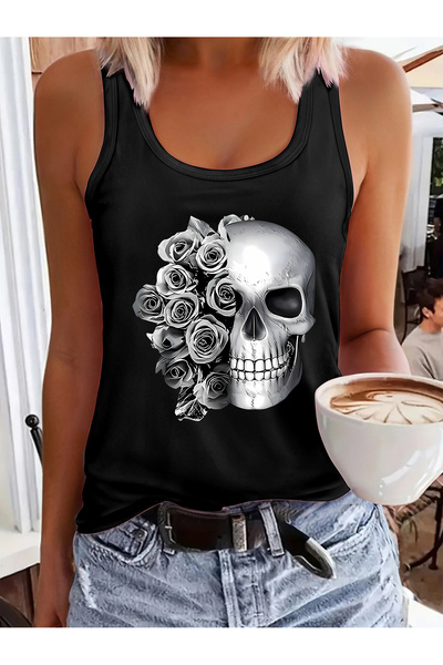 mercoledi Rose Skull Printed Women's Hollow Out Neckline Swimmer T-Shirt Athlete