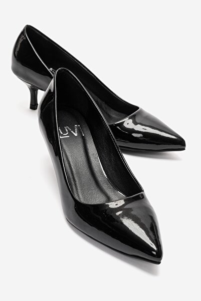 LuviShoes حذاء JALEN نسائي من الجلد الأسود اللامع بكعب قصير من الجلد الطبيعي