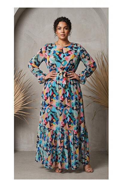 gökçesu Women's Plus Size Long Sleeve Lined Flowy Flounce Long Chiffon Dress