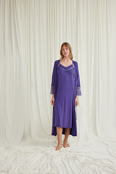 MONAMİSE Purple Robe Nightgown Set, Women's Lace Viscose 2-Piece Nightgown Se...