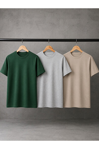 CAONNES 3 Color T-Shirt Set Summer Single Jersey Compact Oversize Basic Crew ...