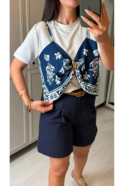 stelol Women's Shawl Pattern Detail Blouse and Linen Shorts Two-Piece Set