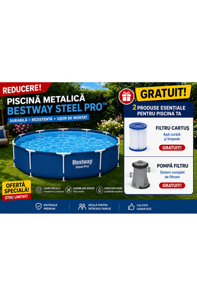 BESTWAY Piscină cu Cadru Metalic 305 x 76cm 🏊‍♂️ Montaj Rapid + CADOU Pompă ...