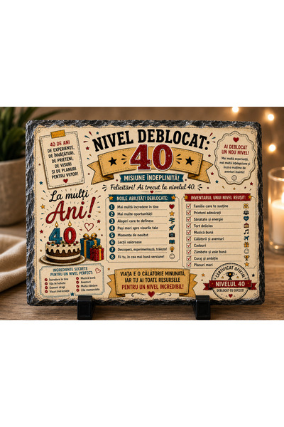 hiperborea Ardezie Personalizată – „Nivel Deblocat 40” – Cadou Aniversar 40 d...