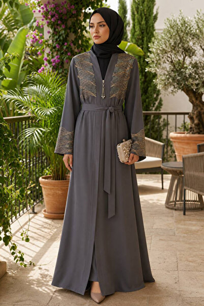 Neva Style Hijab cu broderie cu frunze și curea, culoare fumurie, model Ferac...