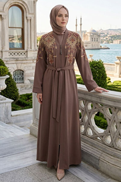 Neva Style Ethnic Embroidery Detailed Belted Light Brown Hijab Robe 29144Akh
