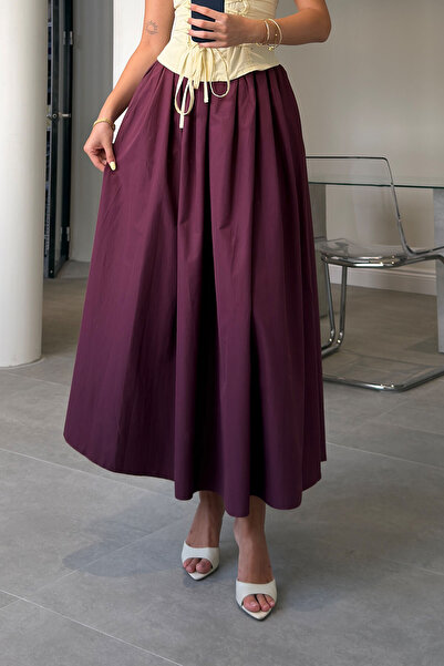 MAGARDE Poplin Skirt with Elastic Waist and Pocket Detail - Bordo