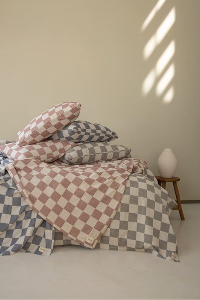Bej Home Checkered Tile Colored Double Bedspread Set 100% Cotton 220*240