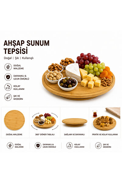 Genel Markalar 360° Döner Tablalı Ahşap Sunum Tepsisi 29,7 cm Yuvarlak Servis...