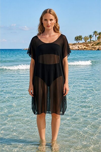 Maison La Femme Women's Black Tulle Pareo Transparent Beach Dress