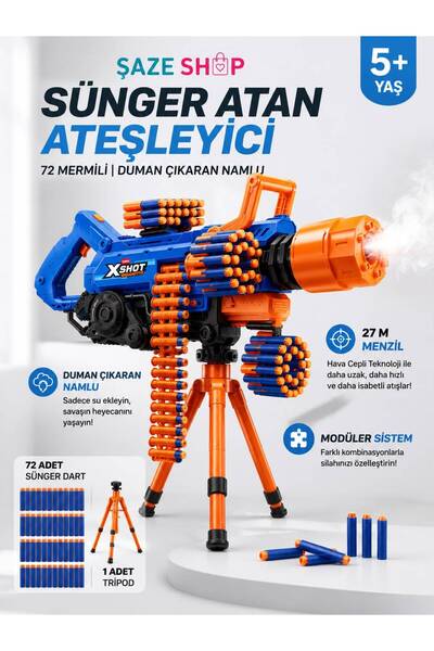 SAZE 72 Dart Kapasiteli Duman Efektli Sünger Dart Atıcı Modüler Oyun Seti Tri...