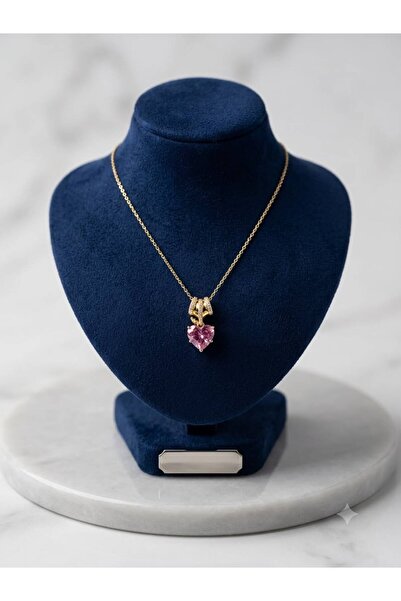 eslina accessories Çelik Pembe Taşlı Kalp Kolye