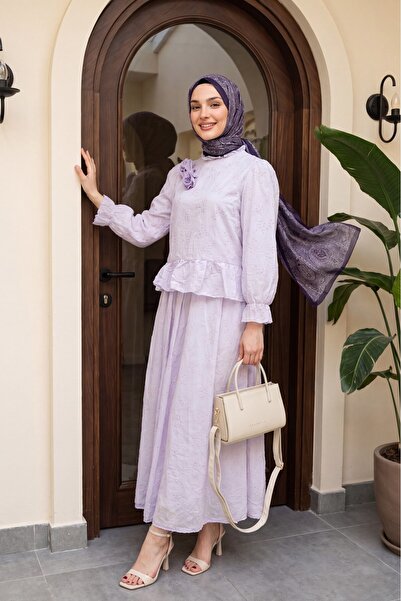 Modamorfo Rose Brooch, Elastic Sleeves, Patterned Lined Skirt, Voile Suit -Lilac