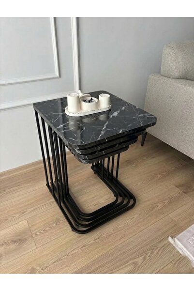 Zigon 4lü TEKERLEKLİ SİYAH METAL SİYAH MERMER TABLA ZİGON&YAN SEHPA