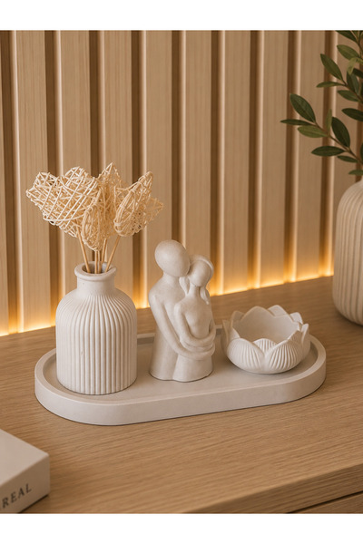 Dezora Home Dekoratif Taş Tozu 4'lü Çift Biblo Seti – Mini Vazo, Lotus Mumluk...