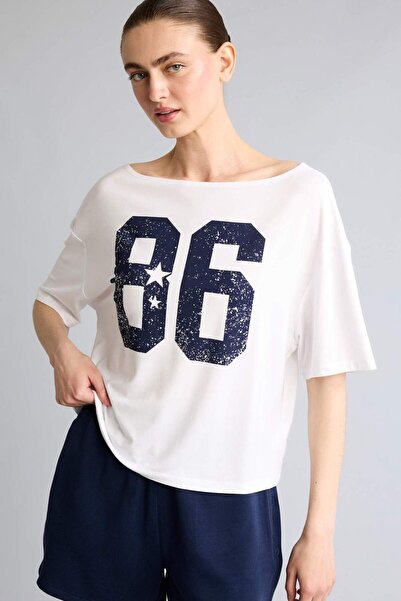 DeFacto Loose Fit Boat Neck Printed Sportsman Modal Short Sleeve White T-Shir...