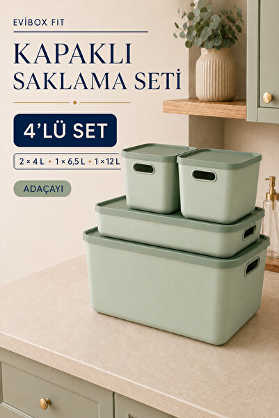 Evi Ev Gereçleri EVİBOX Fit Set 4'lü Kapaklı Saklama Kutusu Seti 2×4 L + 6,5 ...