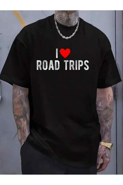 45 BPM تي شيرت رجالي بتصميم جرافيك بعبارات مضحكة ومحفظة 'I Heart Road Trips' ...