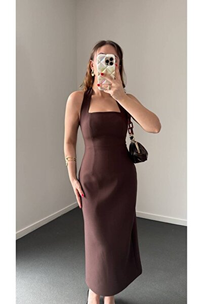 TİENDEROPA Women's Halter Neck Midi Slit Dress Square Neckline Event Dress