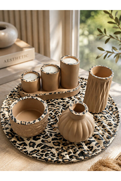 Violet Design Leopar Desenli Dekoratif Ev Aksesuar Seti | 8 Parça Vazo, Mumlu...