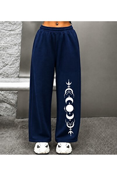 ZAVIXO Women's Wide Leg Moon Phases Printed Sweatpants Black Comfortable Fit
