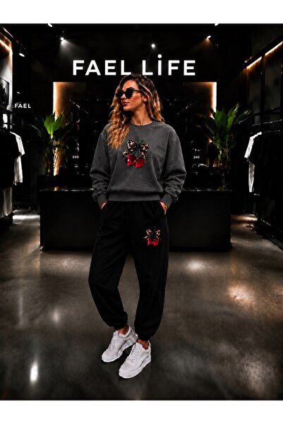 FAEL LİFE Unisex Wide Cut Zero Neck and Sweatpants Set with Cherry Ribbon Print