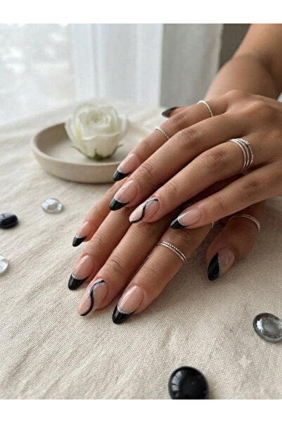 Shades On Nails Handmade Press-On Nails Set - Nude Base with Glossy Black Fre...