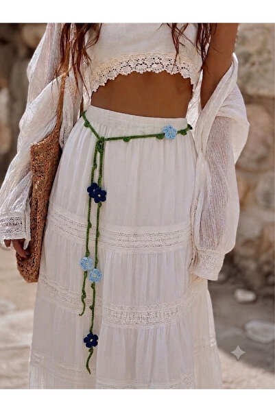 HENERA Bohemian Hand-Knitted Floral Waist Belt – Adjustable Green Waist Acces...