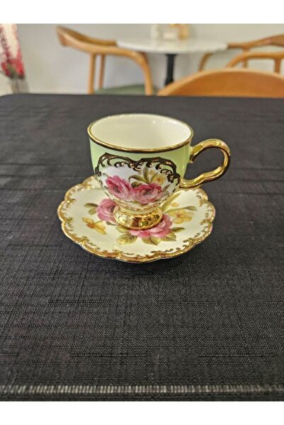 MİMSEGÜN DEKOR Hand Painted Quality Coffee Cup with Green Roses and Gold Details