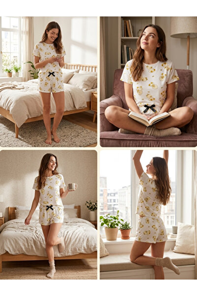 PIOVE Sweet Chick Women's Chick Patterned Cotton Shorts Pajamas Set