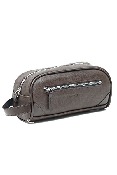 JANVIER Men's Brown Leather Handbag Portfolio Travel Shaving and Cosmetic Bag
