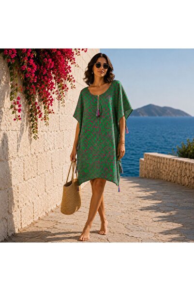 BIJUTERI Par-13040 Green Spiral Patterned Laser Beach Dress & Pareo |   Eos C...