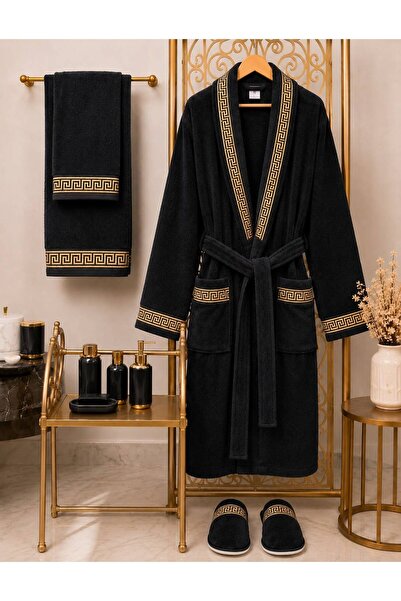 ars aras home textile 100% Cotton Velvet Bathrobe Set 4 Pieces - Greek Patter...