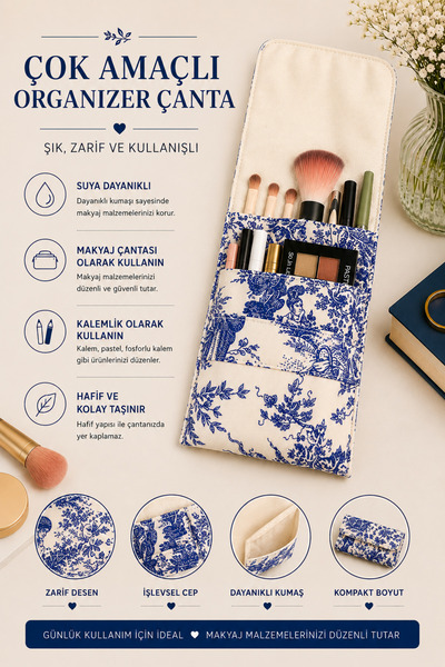 GÖKDAĞ BEDDING Fransız Mavi Desenli Çok Amaçlı Organizer Çanta
