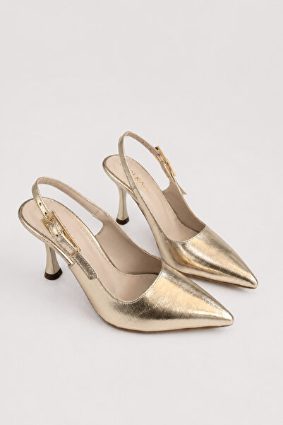 POLKA STORE Saint Gold Metal Buckle Detailed Pointed Toe Back Open Stiletto E...