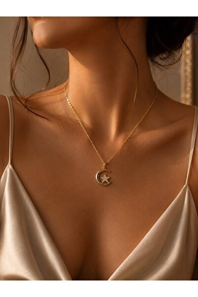 ArzaCollection Çelik Gold Seri Parlak Taşlı Gökyüzü Temalı Hilal Kolye