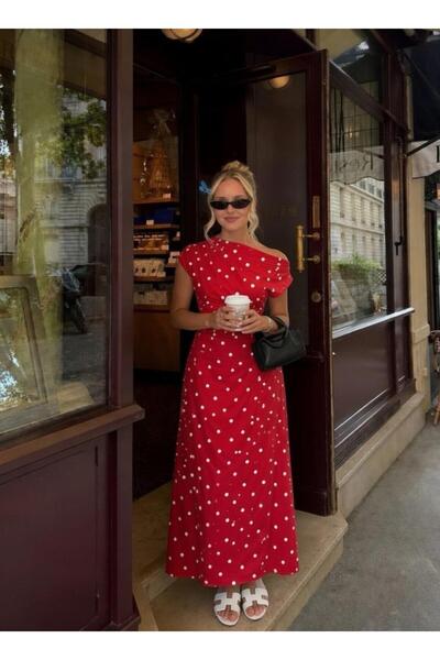 ÖNER Women's Polka Dot Patterned Boat Neck Draped Dress