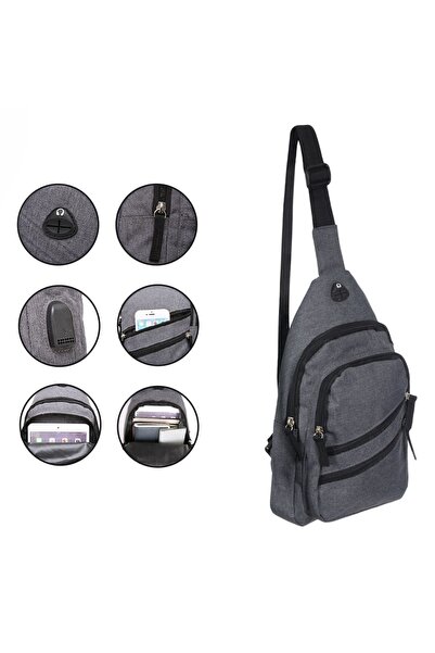 OEM Geantă sling gri pentru bărbați cu port USB - 18x8x32cm