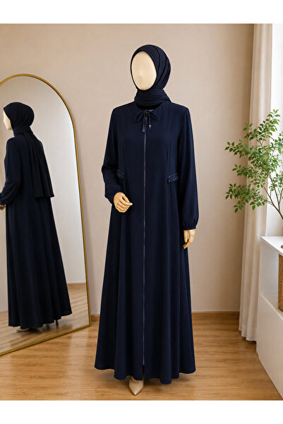 BNGL Boutique Lacivert pliseli ferace, fermuarlı, incili, tam boy Medine ipeğ...