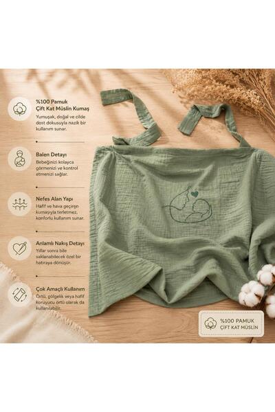 MundoLindo Breastfeeding Cover with Embroidery Detail, 100% Cotton, Double Layer Muslin, Multi-Purpose Stroller Cover, Breastfeeding Apron, Water Green