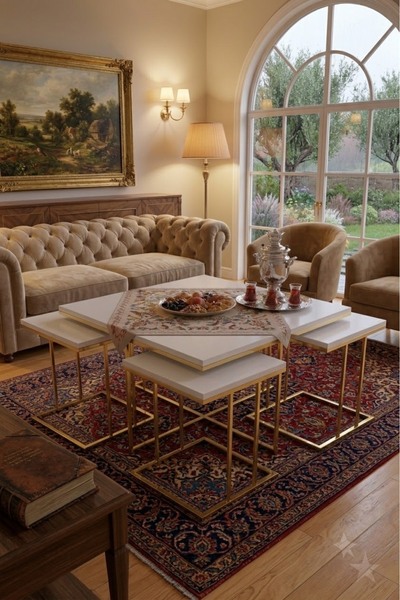 Zigon RİO 5Lİ SET 4+1 pizza 5li set ORTA SEHPA GOLD BYAZ MDF