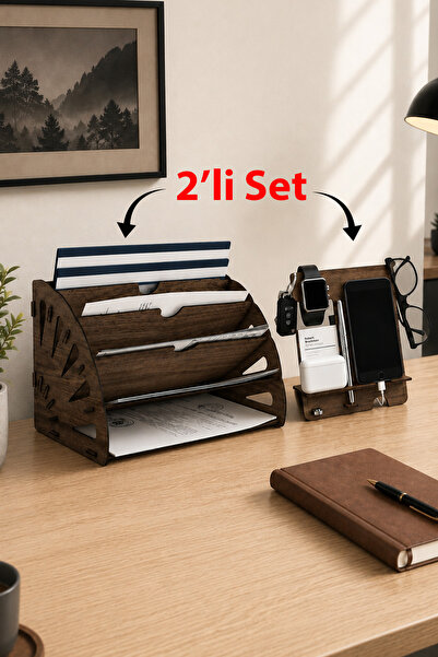 Mingitav Quarter Desktop Organizer and Phone Stand Set of 2 – Wooden File Org...