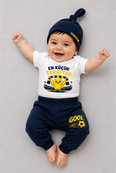 BABYDEN'S 100% Cotton Yellow Navy Blue Little Fan Baby Set 3-Piece Short Slee...