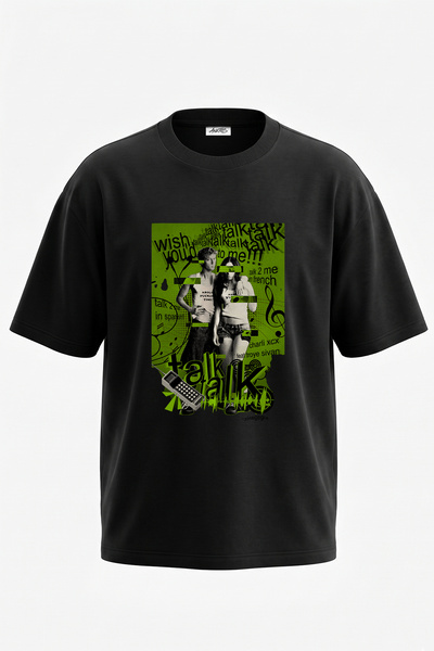 Anetos Pop Art Couple Design Printed Oversize Black T-Shirt